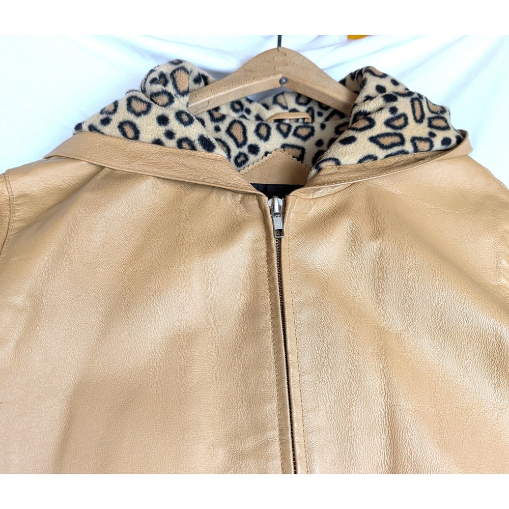 Tan Mustard Leather Hooded Jacket Plush Leopard Print Lining  Small